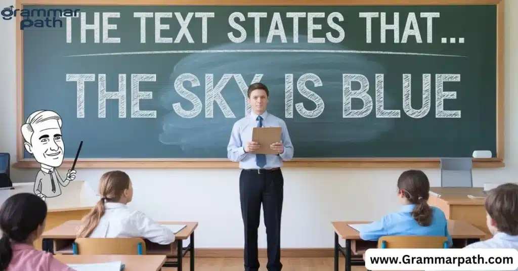 I am writing article on English lesson and communication lessons. Create some related images to this article. Here is the title: 20 Other Ways to Say “The Text States” (With Examples)