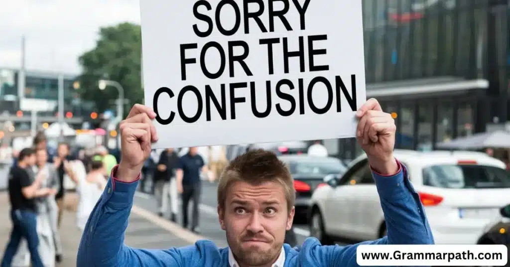 I am writing article on English lesson and communication lessons. Create some related images to this article. Here is the title: “20 Other Ways to Say “Sorry for the Confusion” (With Examples)